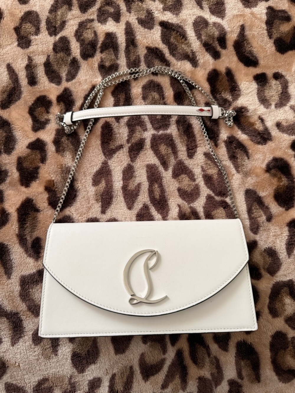 Christian Louboutin White Leather Chain-Strap Crossbody with Silver 'C' Emblem
